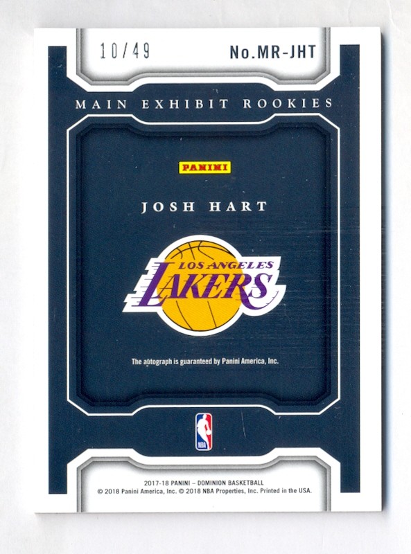 JOSH HART 2017-18 PANINI DOMINION AUTO AUTOGRAPH ROOKIE RC #10/49