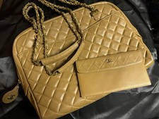 CHANEL Beige Leather Quilted Large Classic Shoulder Bag AND Wallet