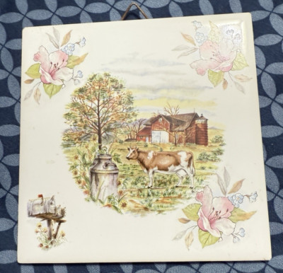 Vintage Lanka Walltiles Farm Scene w Cow, Mailbox & Flowers