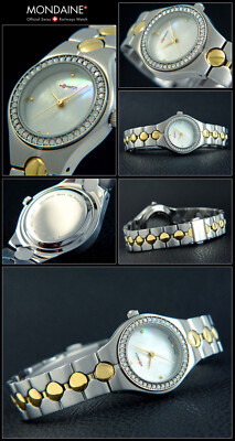 Elegante Damenuhr M-WATCH von MONDAINE Swiss made Zirkonia Perlmutt bi-color