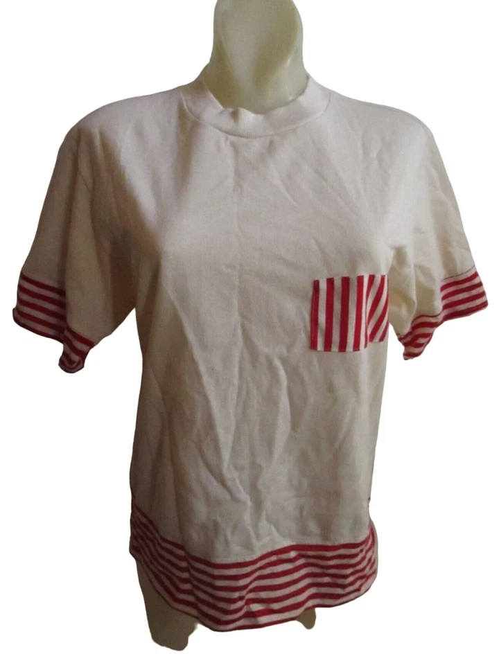 Camiseta Feminina Vintage Ponto Único Médio Anos 80 ALABUY LISTRADA NOVA COM ETIQUETAS DS BOXY M - Imagem 2 de 4