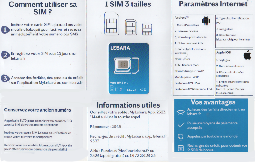 €5, FRENCH, Lebara, PREPAID SIM card, MICRO/STD or NANO. For use in