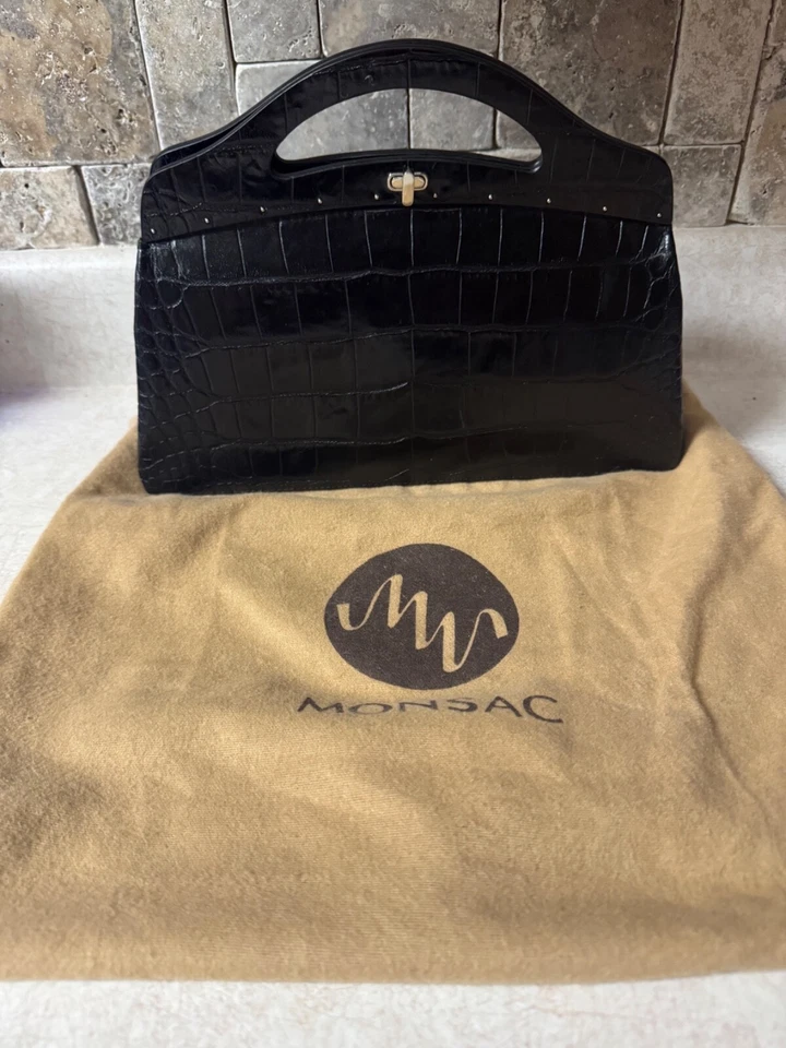 Bolso de mano Monsac para mujer con cierre de cierre asa superior de cuero de cocodrilo negro Foto 3 de 4
