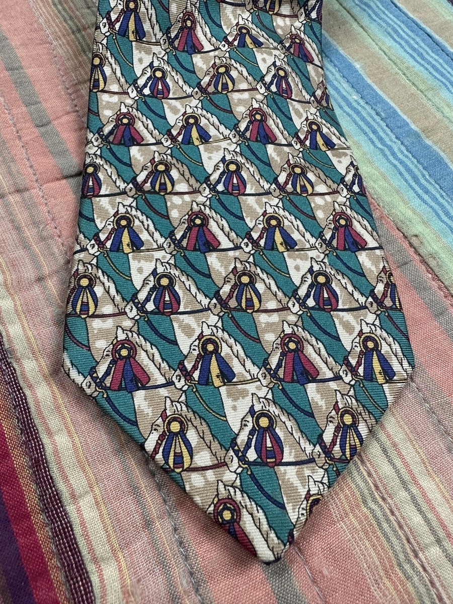 Vtg Burberrys Best in Show Ribbon Horses Green Silk Neck Tie Made in England View 3