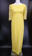 60's 70’s  Vintage Lorrie Deb Dress Yellow with lace and sheer Sleeves SZ 9
