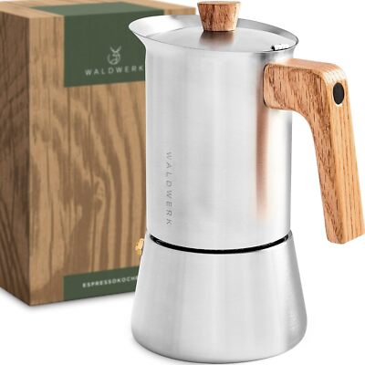 WALDWERK Espressokocher 300ml Edelstahl Induktion Mokkakanne Holzgriff