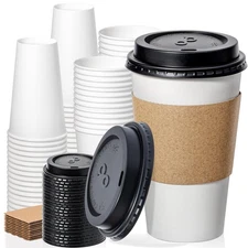 Fit Meal Prep 50 Pack 16 oz Disposable Coffee Cups with Lids, Sleeves,