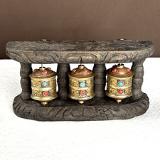 Vtg Tibetan Triple Prayer Wheel Buddhist Copper Brass Wood Stone 8" Wall Hanging