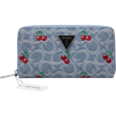 Guess Blue Denim Jacquard Cherry Embroidered Zip Around Wallet Logo Plaque NWT
