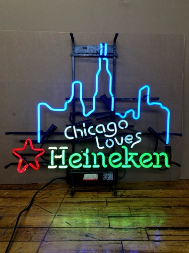 Vintage Chicago Loves Heineken Neon Sign Beer Bar Light 28”x25” Tested Works