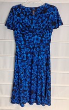 Chaps Black Blue Floral Print V Neck Flared Sleeve Pullover Dress XS EC!