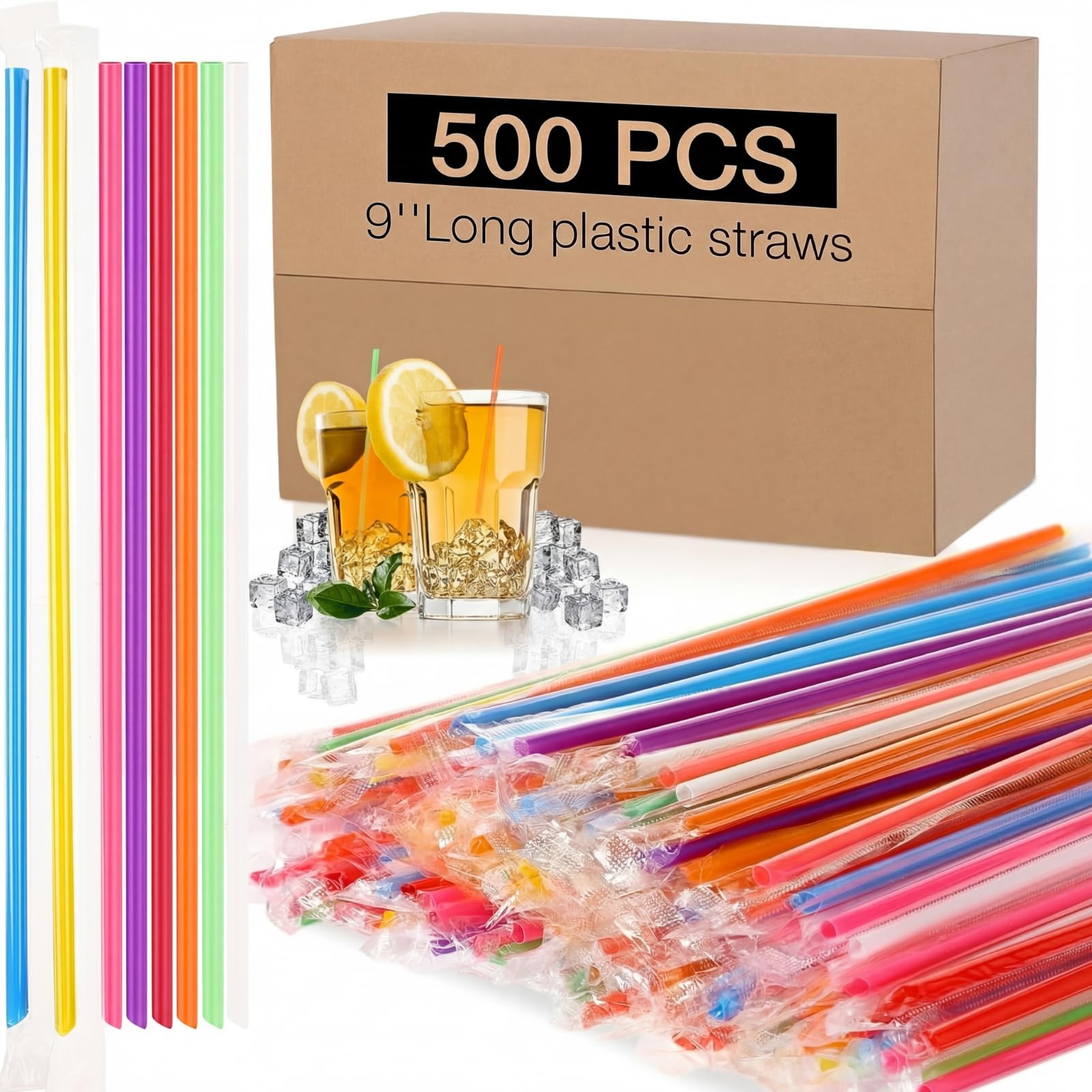 500 Pcs 5mm Jumbo Straws Bulk Individually Wrapped 9" Long D