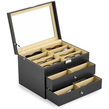 24 Compartment Sunglasses Organizer, Leather Eyeglasses Storage Box for Women...