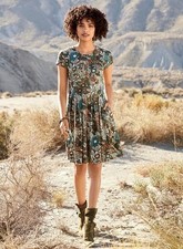 Peruvian Connection Wanderlust Dress Small Teal Brick Cotton Jersey Retro Floral