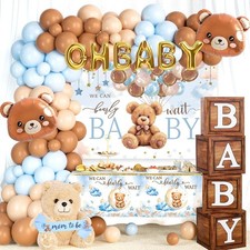 Teddy Bear Theme Blue And Brown Baby Shower Backdrop Balloon Decorations For Boy