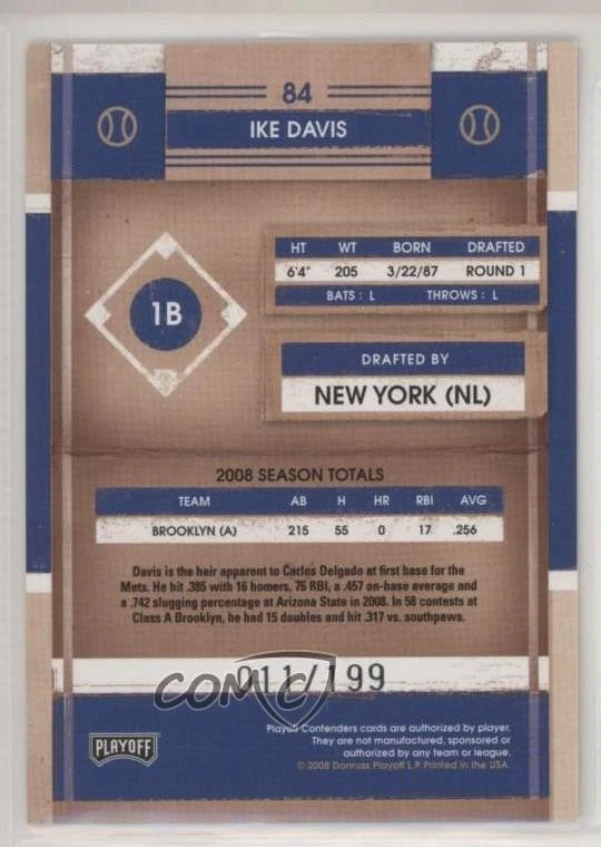 2008 Playoff Contenders Playoff Ticket /199 Ike Davis #84 - Image 2 of 2