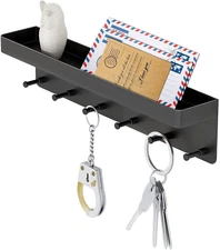 Wall Mount Key Holder with Mail Organizer Tray and 6 Hooks, Black