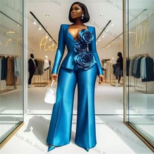 Blue Satin Women Suit 2 Pcs Blazer Loose Pants Trousers 3D Flower Spring Formal