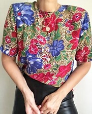 Vintage Christie  Jill 100 Silk Blouse Psychedelic Floral Print Womens Size M