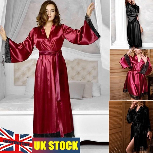 Womens Silky Sexy Sleepwear Lace Long Sleeve Maxi Robe Bathrobe Dressing  Gown UK | eBay