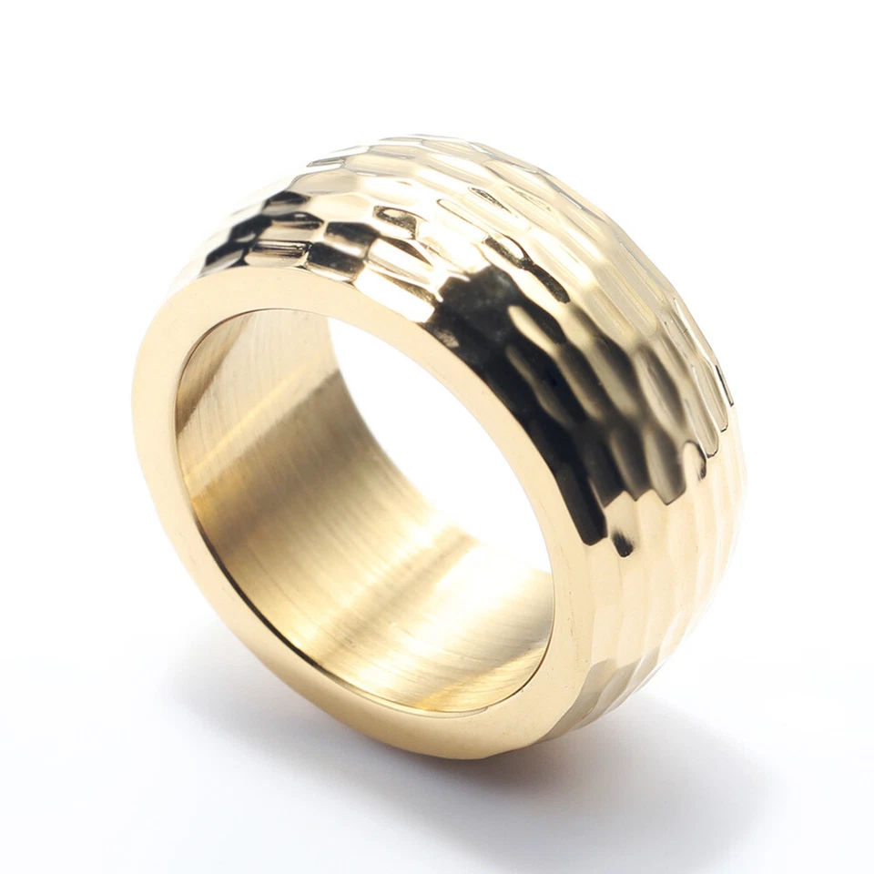 Men's 10MM Hammered Texture Titanium Wedding Band Biker Heavy Ring Gold Plated - Image 4 of 4