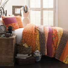 Bold Bohemian Striped Cotton Quilt Set - 3 Piece King, Tangerine