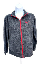 Puma Girls size Large 12 / 14 Gray Zip Up Long Sleeve Fleece Jacket Red Trim