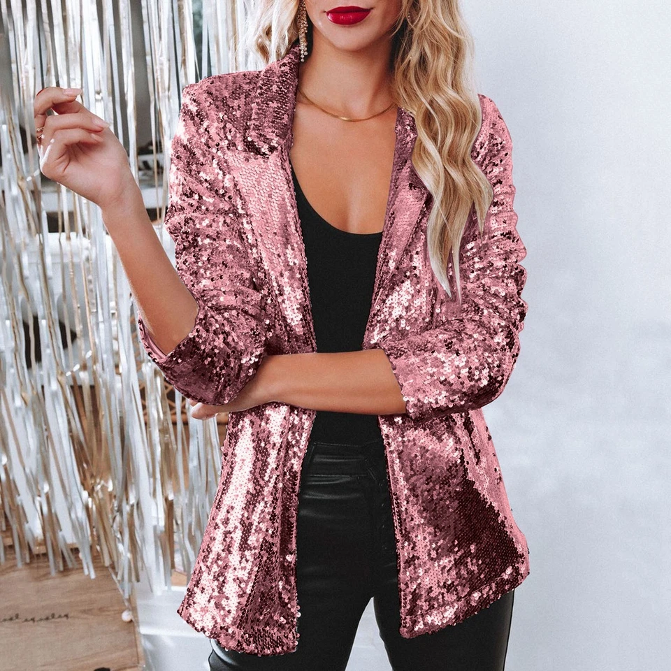 Women's Sparkly Sequin Shiny Long Sleeve Open Coat Jacket Blazer Party Lapel Top - Image 3 of 4