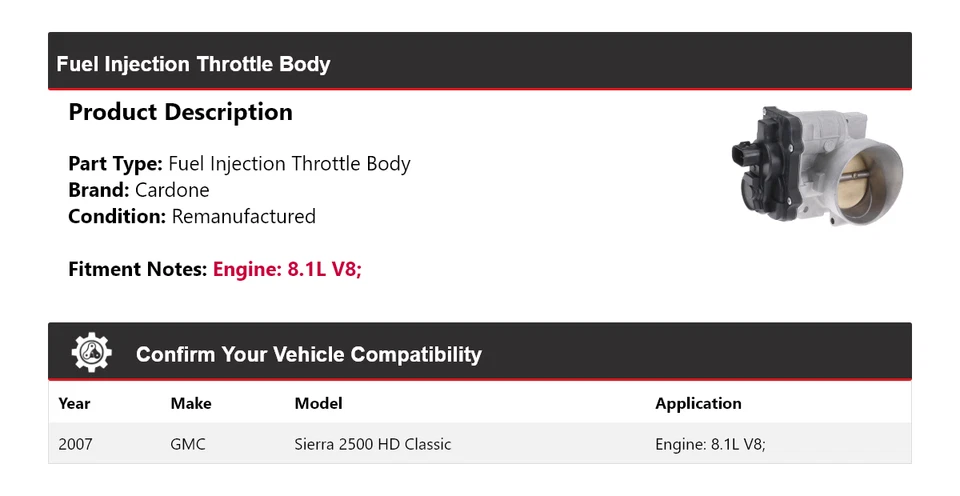 Para GMC Sierra 2500 HD Classic 2007 8,1 L V8 Cuerpo de acelerador de inyección de combustible Cardone Foto 2 de 4