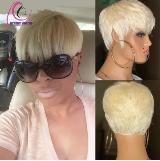  613 Blonde Color Pixie Cut Wigs Remy Hair Wig Machine Made 100% Human Hair Wigs - Image 2 of 4