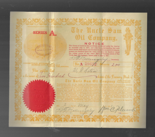 VINTAGE UNCLE SAM OIL COMPANY STOCK CERTIFICATE 1921 200 Shares  Ink Signed Seal - Afbeelding 1 van 2