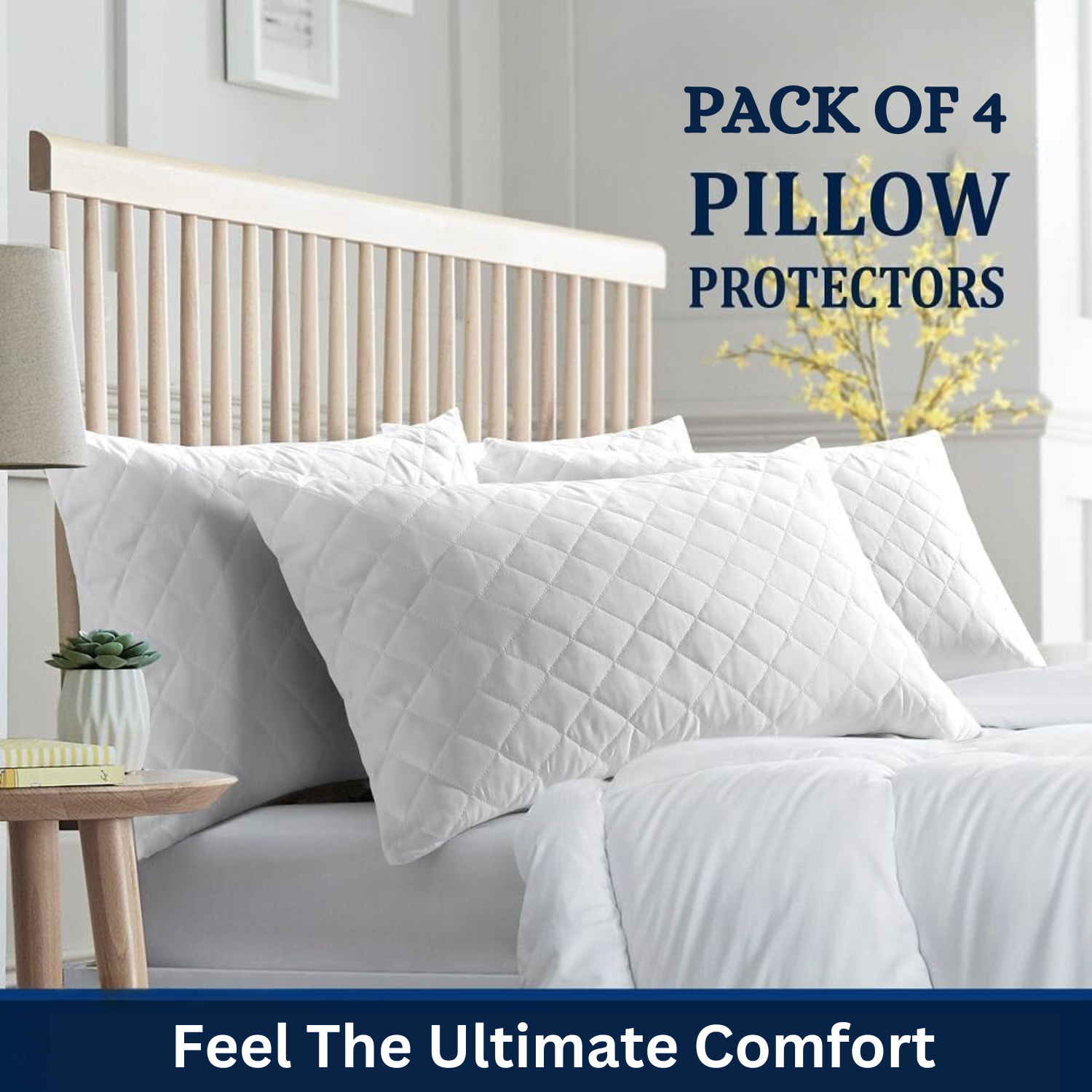 Pack of 4 Quilted Zipped Pillow Protectors Pair Pillowcase Covers