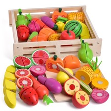 35PCS Wooden Play Food for Kids Kitchen, Pretend Cutting Food Toys with Woode...
