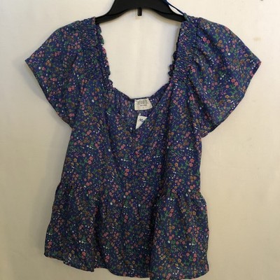 Sienna Sky Blue Floral Print Flutter Sleeve Flare Bottom Top Size Small NWT