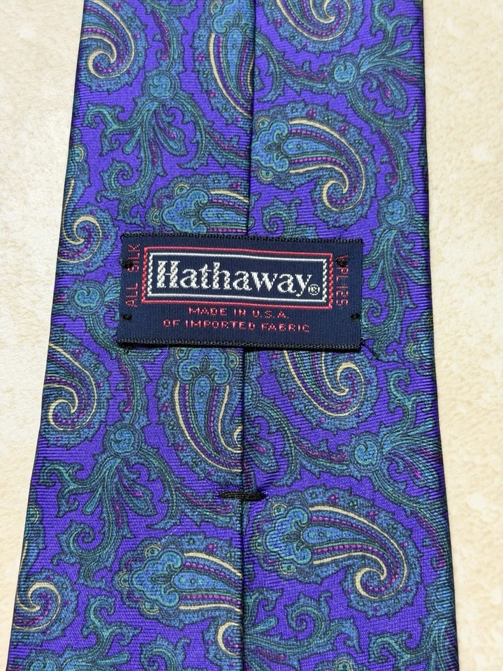 Corbata HATHAWAY Hombre 100% Seda 55 1/2" x 3 1/2" Diseñador PAISLEY Azul/Púrpura Foto 2 de 4