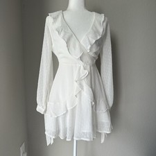 Boohoo White Ruffle Mini Dress Women US 6 Long Sleeve Deep V Boho Flowy