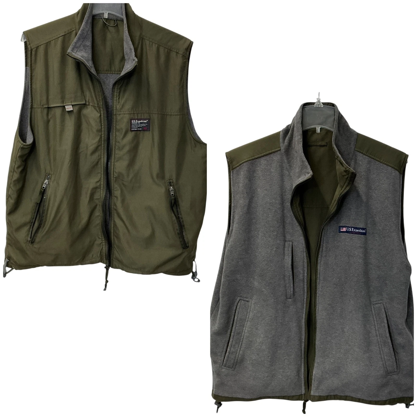 US Expedition Vest Mens XL Khaki Green Gray Reversible Fleece Lined Zip Hiking