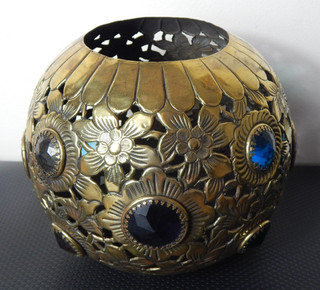 Victorian Arts & Crafts 4" Duplex Oil Lamp Shade Brass Filigree Jewelled Shade