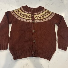 VTG Handknit Fair Isle Wool Cardigan Sweater Kids Size 6 Winter Heavyweight