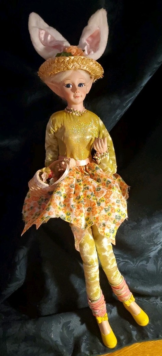 green dress pink bunny ears Cynthia Rowley Spring Easter Girl Fairy Pixie Elf Shelf Sitting Doll Crochet bunny