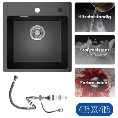 ANYCEE MAX 45x46 cm Granitspüle Küchenspüle Schwarz Einbauspüle Spülbecken Ablaufgarnitur