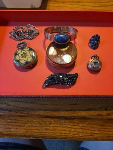 Vintage Costume Jewelry Lot Bracelet Watch Brooches Ring Trinket Box & More.