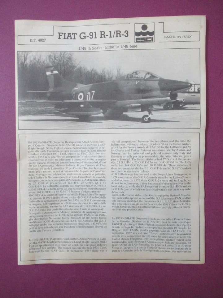 ESCI FIAT G.91 R-1/R-3 "GINA" SCALA 1/48 NO SCATOLA - Immagine 2 di 4