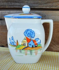 Hinode Ceramic 4-Cup (32oz) Pitcher w Lid Art Deco Design Houses Sailboats Japan