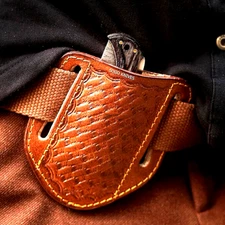 EDC CUSTOM HANDMADE COW ENGRAVED PANCAKE LEATHER SHEATH FOLDING KNIFE 1713