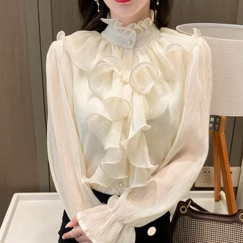 Blusa De Encaje Elegante Con Volantes Para Mujer Camisa De Gasa Con Cuello Alto- - Imagen 2 de 19