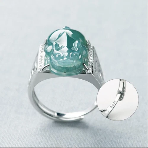 Certified Green Natural A Jade jadeite PiXiu Sterling 925 Silver Man Woman Ring - Picture 14 of 21