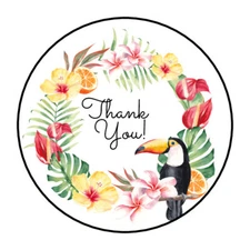 30 THANK YOU TROPICAL ENVELOPE SEALS LABELS STICKERS 1.5" ROUND TUCAN HIBISCUS