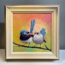 Fairywrens Cute Love Birds Oil painting on 6x6 inch canvas with frames option