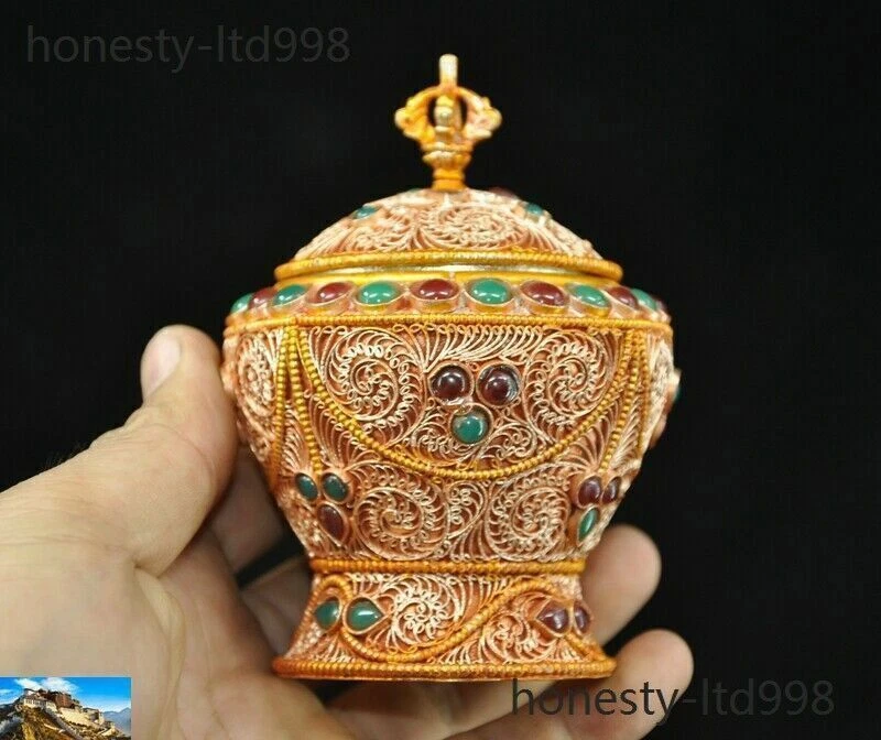 Filigrana de prata tibetana tibetana antiga 4" ouro 24k dourada incrustada gema tanques pote de crock - Imagem 2 de 4